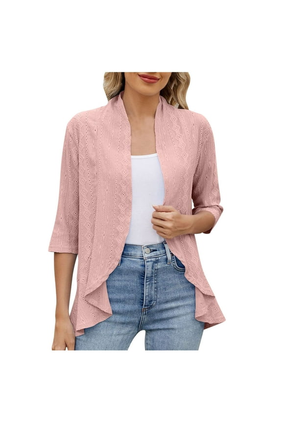 Eyelet Cardigans for Women Trendy Open Front Vacation Flowy Dusters 3/4 Sleeve Ruffle Shrug Lightweight Elegant Kimono Cover Ups(Large,Pink)