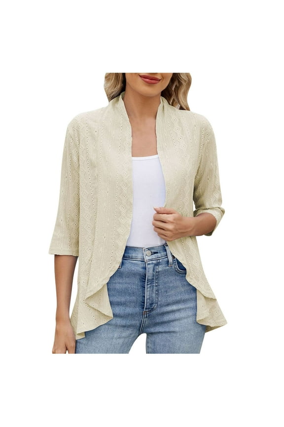 Eyelet Cardigans for Women Trendy Open Front Vacation Flowy Dusters 3/4 Sleeve Ruffle Shrug Lightweight Elegant Kimono Cover Ups(Medium,Beige)
