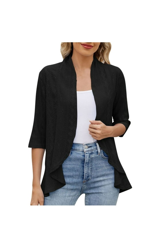 Eyelet Cardigans for Women Trendy Open Front Vacation Flowy Dusters 3/4 Sleeve Ruffle Shrug Lightweight Elegant Kimono Cover Ups(Medium,Black)
