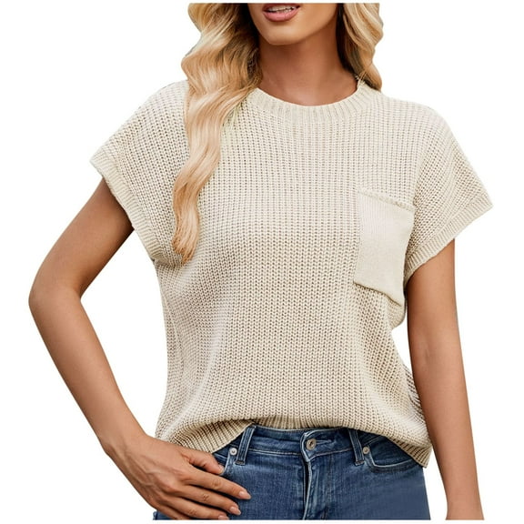 UAMVSH Fall Cap Sleeve Sweaters for Women Casual Knitted Dressy Sweaters Soft Cap Sleeve Crew Neck Pullover Tank Tops with Pockets(X-Large,Beige)