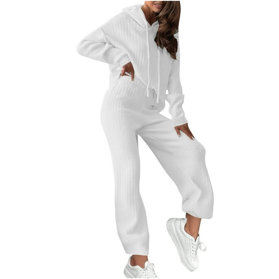 UAMVSH Fashion Ribbed Knit Hooded Sweatsuits Sets for Women Long Sleeve Drawstring Hoodies and Loose Fit Wide Leg Pants Loungewear Outfits(LargeWhite)