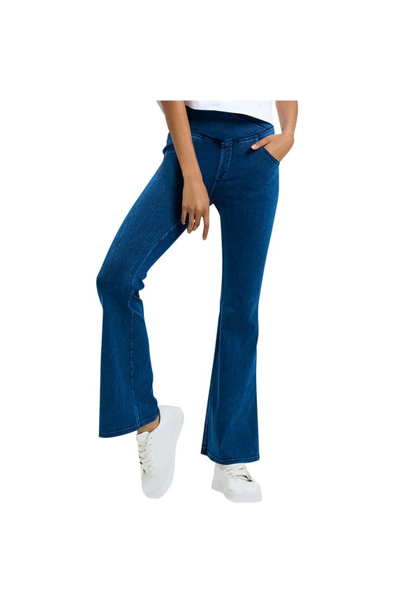 Flare Jean Leggings for Women Crossover High Waist Skinny Bootcut Pants with Pockets Stretchy Slimming Bell Bottom Jeans