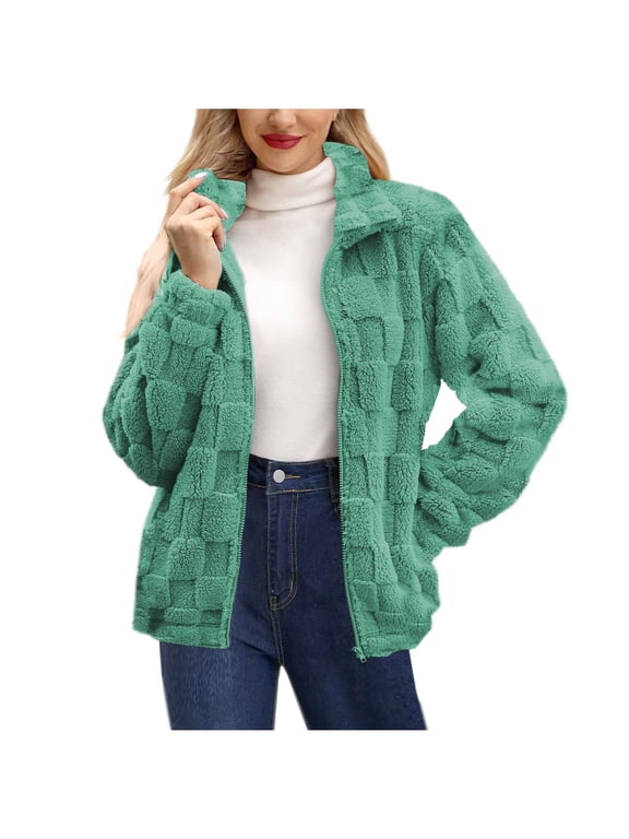 Fleece Jacket Women Sherpa Warm Long Sleeve Warm Coats Soft Textured Stand Collar Zip Up Outwear with Pockets Fall Winter Clothes