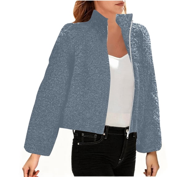 UAMVSH Fleece Jacket Women Stand Collar Zip Up Warm Coats Cozy Fuzzy Long Sleeve Cropped Outwear with Pockets Trendy Winter Clothes
