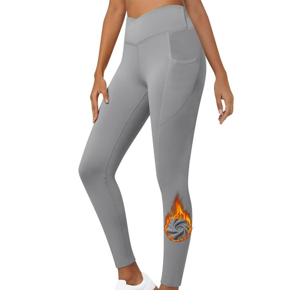 UAMVSH Fleece Lined Leggings for Women High Waist Crossover Yoga Pants Winter Thermal Warm Stretchy Slimming Pants with Pockets