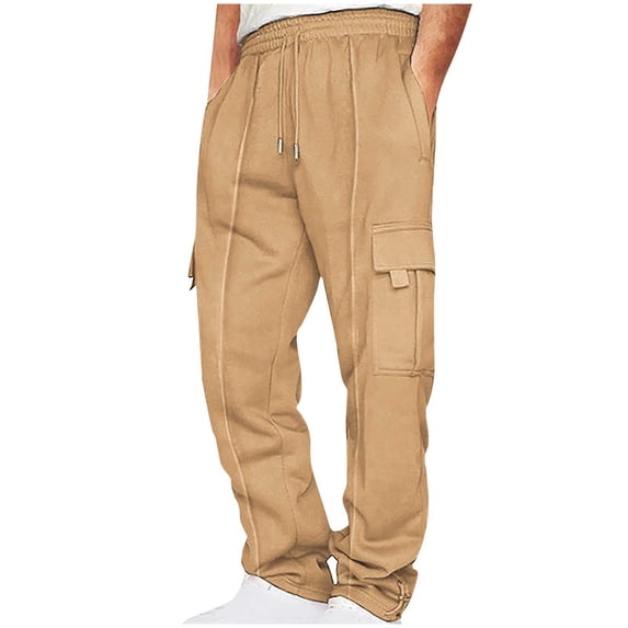 UAMVSH Fleece Sweatpants for Men Comfy Heavy Weight Drawstring Cargo Athletic Pants with Pockets Soft Wide Leg Sport Pants(LargeKhaki)