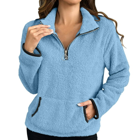 UAMVSH Fleece Sweatshirts for Women Quarter Zip Long Sleeve Pullover Shirts Soft Winter Sherpa Stand Collar Thermal Tops with Pocket
