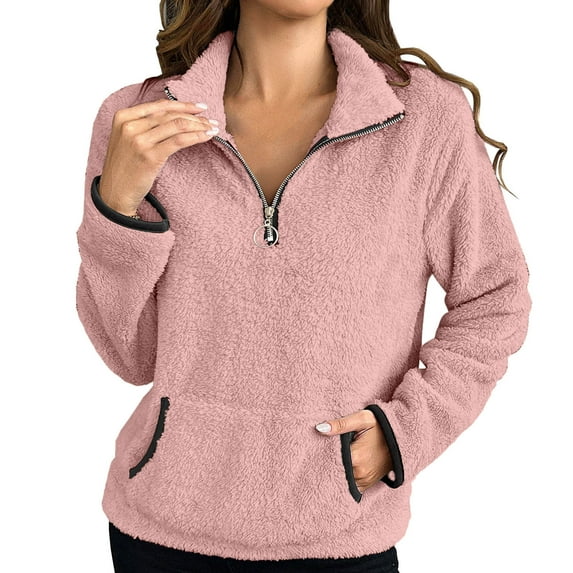 UAMVSH Fleece Sweatshirts for Women Quarter Zip Long Sleeve Pullover Shirts Soft Winter Sherpa Stand Collar Thermal Tops with Pocket