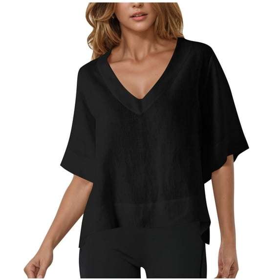 UAMVSH Flowy Tops for Women Baggy Cotton Linen Vacation Travel Lightweight Blouses Loose Fit Half Sleeve Beach Shirts Ladies Summer Fall Outfits(Medium,Black)