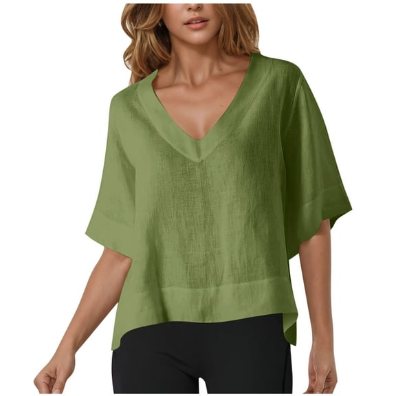 UAMVSH Flowy Tops for Women Baggy Cotton Linen Vacation Travel Lightweight Blouses Loose Fit Half Sleeve Beach Shirts Ladies Summer Fall Outfits(Medium,Green)