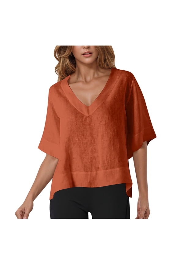 Flowy Tops for Women Baggy Cotton Linen Vacation Travel Lightweight Blouses Loose Fit Half Sleeve Beach Shirts Ladies Summer Fall Outfits(X-Large,Orange)