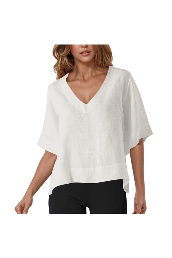 Flowy Tops for Women Baggy Cotton Linen Vacation Travel Lightweight Blouses Loose Fit Half Sleeve Beach Shirts Ladies Summer Fall Outfits(X-Large,White)