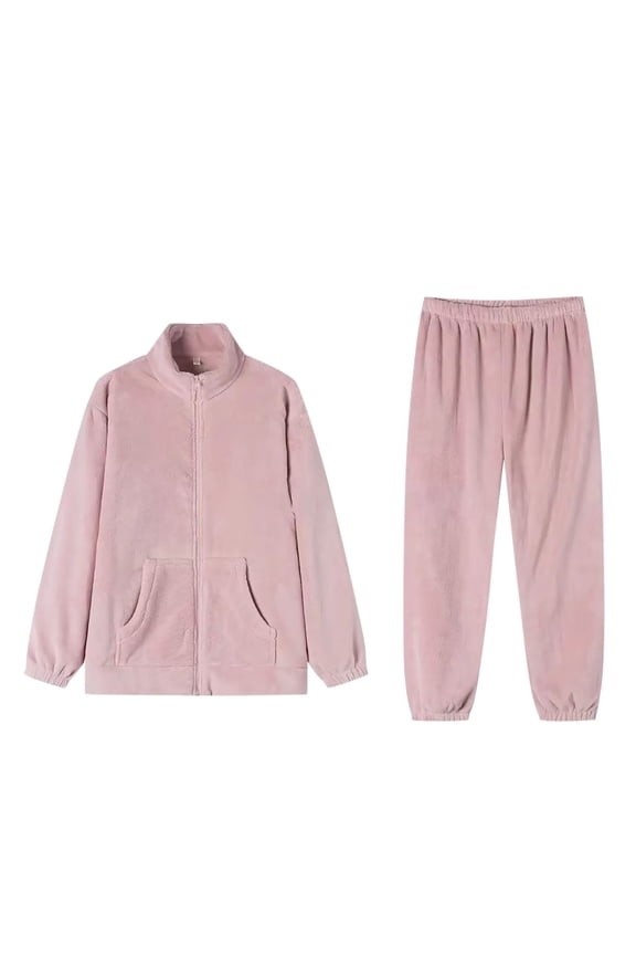 Fluffy Pajamas Set for Women 2 Piece Flannel Fleece Pjs Set Casual Zip Up Jacket Fuzzy Pants Set Soft Warm Loungewear with Pockets
