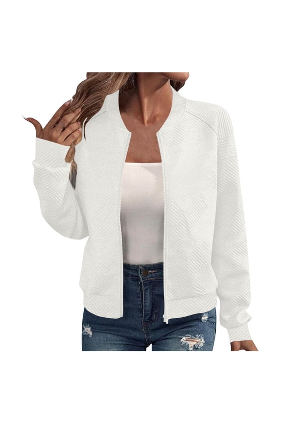 Full Zipper Sweatshirt Jackets for Women Classic Fall Lightweight Outerwear Casual Long Sleeve Crew Neck Tops Coats Ladies Outfits(X-Large,White)