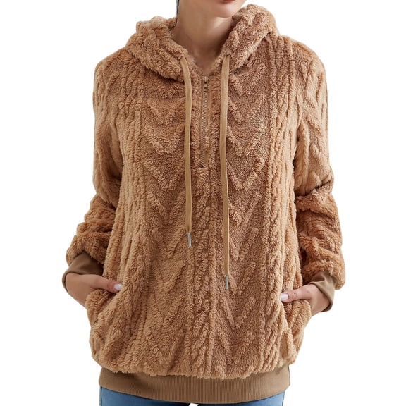 UAMVSH Fuzzy Fleece Hoodie for Women Winter Sherpa Fluffy Long Sleeve Hooded Pullover Warm Plush Drawstring Sweatshirts(X-Large,Brown 3)