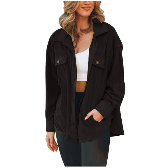 UAMVSH Fuzzy Fleece Jacket for Women Fall Outwear with Pockets Casual Long Sleeve Lapel Button down Warm Coats
