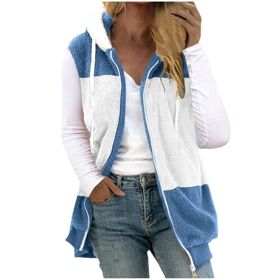 UAMVSH Fuzzy Fleece Jackets for Women Plus Size Warm Winter Hoodie Coats Color Block Sherpa Hoodie with Zipper Casual Shaggy Outerwear(4X-Large,Blue 1)