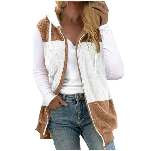 UAMVSH Fuzzy Fleece Jackets for Women Plus Size Warm Winter Hoodie Coats Color Block Sherpa Hoodie with Zipper Casual Shaggy Outerwear(5X-Large,Khaki 1)