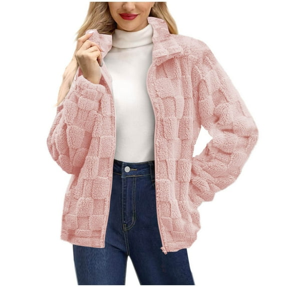 UAMVSH Fleece Jacket Women Sherpa Warm Long Sleeve Warm Coats Soft Textured Stand Collar Zip Up Outwear with Pockets Fall Winter Clothes