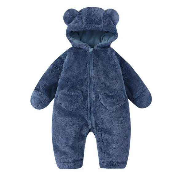 UAMVSH Fuzzy Fleece Jumpsuits for Baby Warm Winter Plush Long Sleeve Infants Heart Graphic Ear Hood Romper Boys Girls Zipper Hoodie(3-6 Months,Blue)