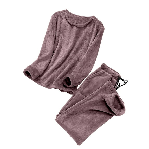UAMVSH Fuzzy Fleece Pajama Sets for Women Long Sleeve Pullover 2 Piece Loungewear Outfits Wide Leg Pants Pjs Sets