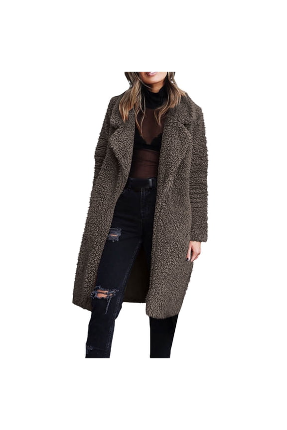 Fuzzy Fleece Trench Cardigans for Women Casual Long Sleeve Sherpa Fluffy Jackets Solid Color Plush Warm Long Coats Ladies Fashion(X-Large,Dark Gray)