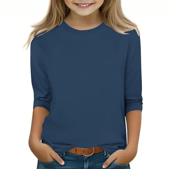 UAMVSH Girls 3/4 Sleeve T-Shirt Casual 3/4 Sleeve Solid Color Shirts Cotton Basic Tops Kids Summer Fall Round Neck Blouses(9-10 Years,Navy)