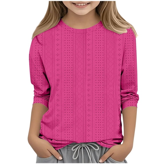 UAMVSH Girls 3/4 Sleeve T Shirts Fashion Eyelet Embroidered Tunic Blouse Children Round Neck Breathable Summer Casual Tops