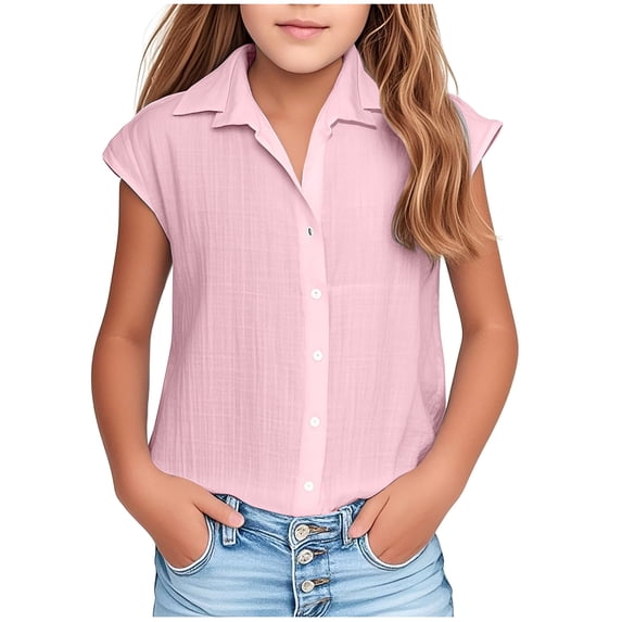 UAMVSH Girls Button Down Shirt Child Short Sleeve Collared Tops Loose Casual Pleated Tunic Blouse for Summer Beach Vacation