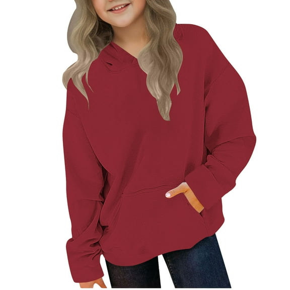 UAMVSH Girls Hoodie Classic Long Sleeve Hooded Sweatshirts with Pockets Oversized Baggy Kids Pullover Top Fall Winter(13-14 Years,Red)