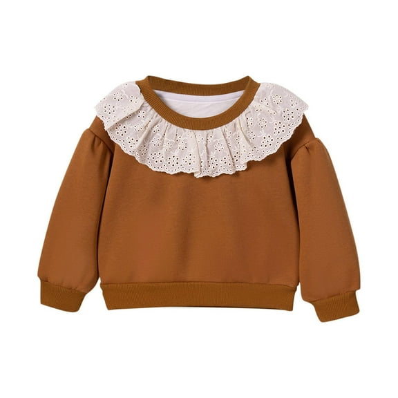 UAMVSH Girls Lace Patchwork Crew Neck Sweatshirts Cute Toddler Kids Long Sleeve Pullover Tops Warm Baggy Sherpa Lined Winter Clothes(6-7 Years,Brown)