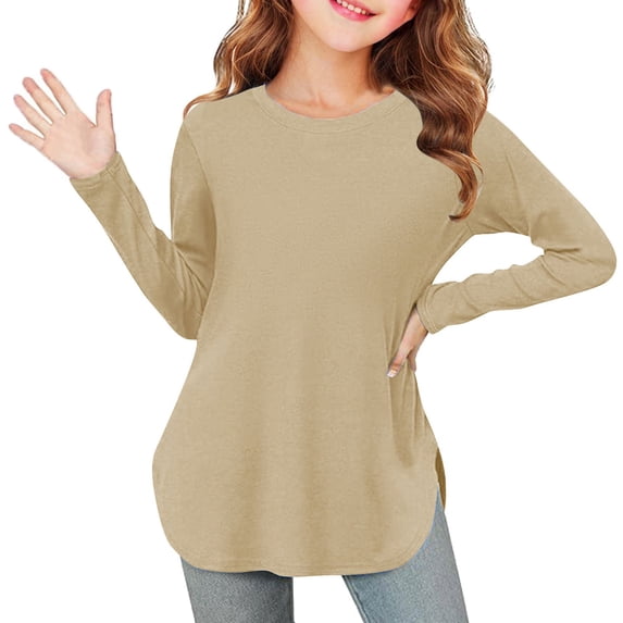 UAMVSH Girls Long Sleeve Shirts Kids Casual Crewneck Loose Fit Tee Tops Lightweight Side Split Soft Tunic Blouse 3-12 Years