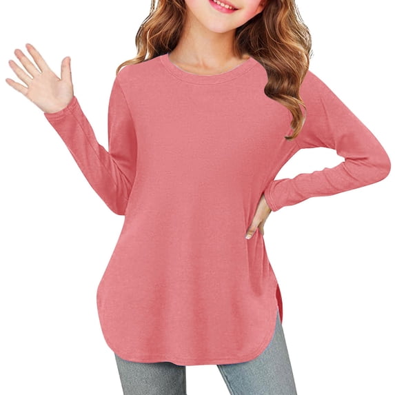 UAMVSH Girls Long Sleeve Shirts Kids Casual Crewneck Loose Fit Tee Tops Lightweight Side Split Soft Tunic Blouse 3-12 Years