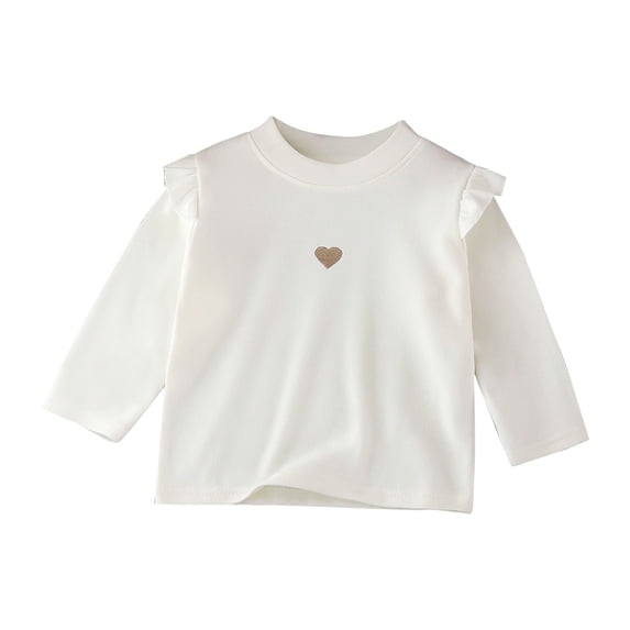 UAMVSH Girls Ruffle Long Sleeve Tops Soft Kids Cotton Trendy Heart Graphic Tee Shirts Lightweight Solid Color Pullover Blouses(4-5Years,White)