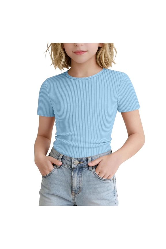 Girls Short Sleeve T Shirts Kids Ribbed Knit Crewneck Basic Tees Comfy Casual Slim Fit Summer Tops 5-16 Years