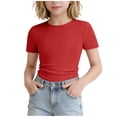 thumbnail image 1 of UAMVSH Girls Short Sleeve T Shirts Kids Ribbed Knit Crewneck Basic Tees Comfy Casual Slim Fit Summer Tops 5-16 Years, 1 of 7