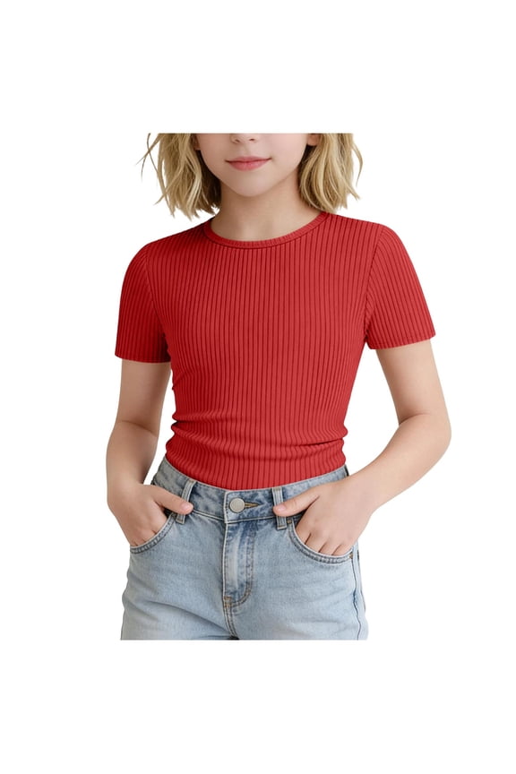 Girls Short Sleeve T Shirts Kids Ribbed Knit Crewneck Basic Tees Comfy Casual Slim Fit Summer Tops 5-16 Years