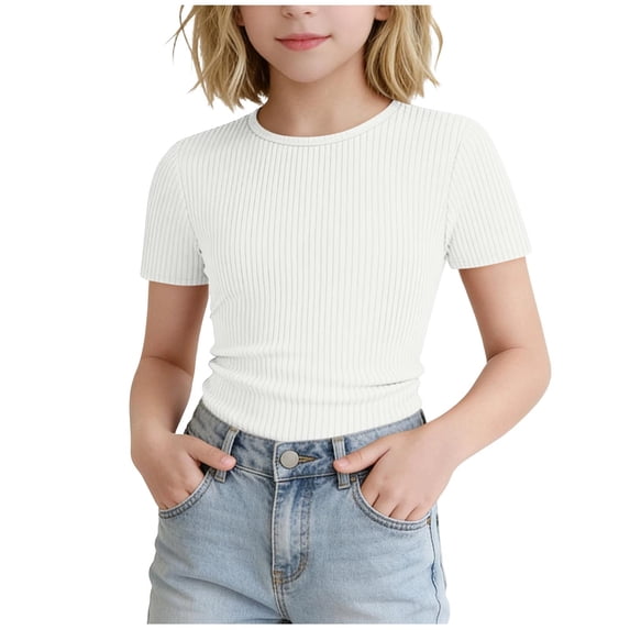 UAMVSH Girls Short Sleeve T Shirts Kids Ribbed Knit Crewneck Basic Tees Comfy Casual Slim Fit Summer Tops 5-16 Years