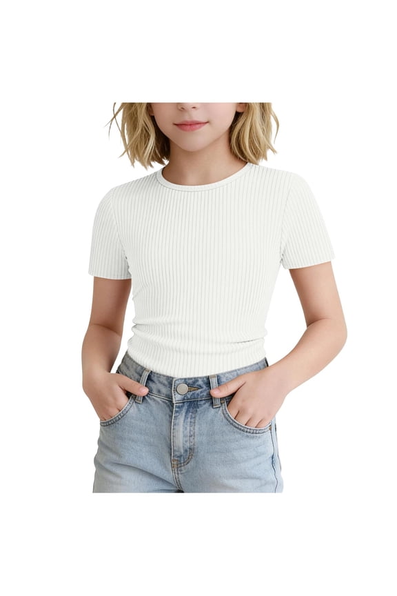Girls Short Sleeve T Shirts Kids Ribbed Knit Crewneck Basic Tees Comfy Casual Slim Fit Summer Tops 5-16 Years