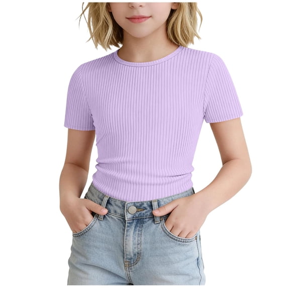 UAMVSH Girls Short Sleeve T Shirts Kids Ribbed Knit Crewneck Basic Tees Comfy Casual Slim Fit Summer Tops 5-16 Years