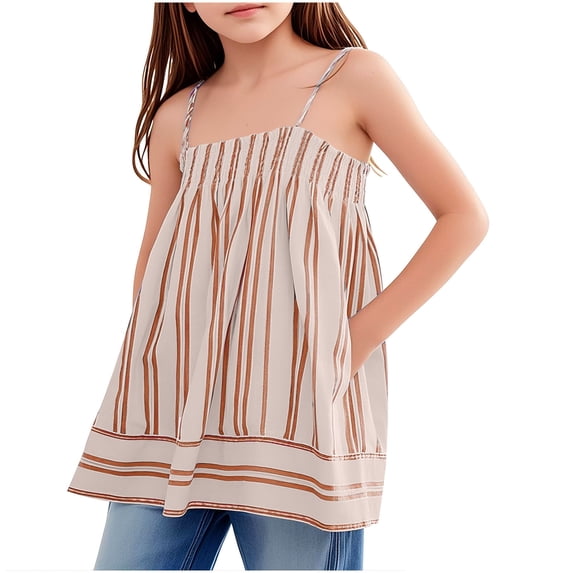 UAMVSH Girls' Striped Tank Tops Summer Sleeveless Peplum Blouse Square Neck Casual Spaghetti Strap Camisoles Beachwear for Kids