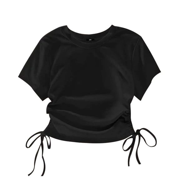 UAMVSH Girls Tees Shirts Short Sleeve Cute Crop Tops Casual Crew Neck Side Drawstring Slim Fit T-Shirt Children Summer Clothes