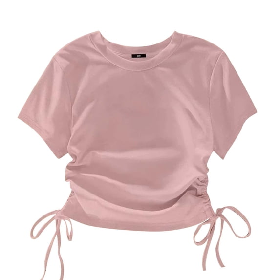 UAMVSH Girls Tees Shirts Short Sleeve Cute Crop Tops Casual Crew Neck Side Drawstring Slim Fit T-Shirt Children Summer Clothes