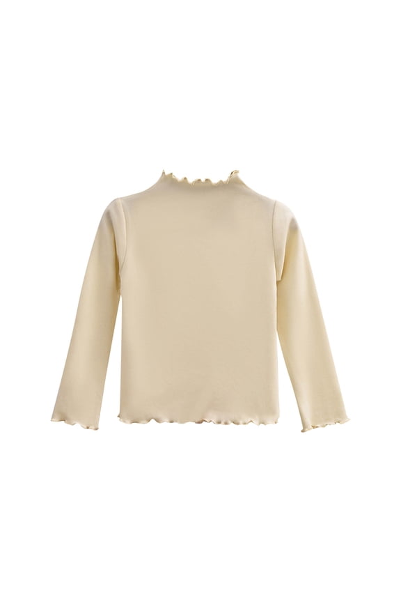 Girls Trendy Long Sleeve Shirts Soft Cotton Fashion Ruffle Turtleneck T-Shirt Fall Casual Solid Color Basic Pullover Tops(6-7Years,Beige)