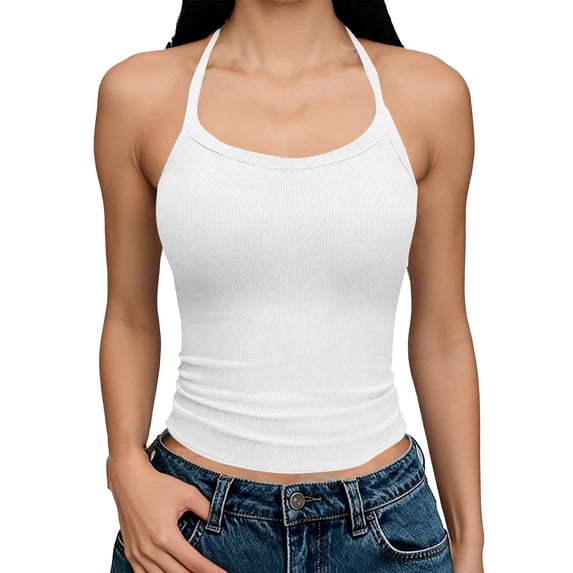 UAMVSH Halter Tops for Women Ribbed Knit Sleeveless Camisoles Spaghetti Straps Casual Backless Tanks Going Out Outfits