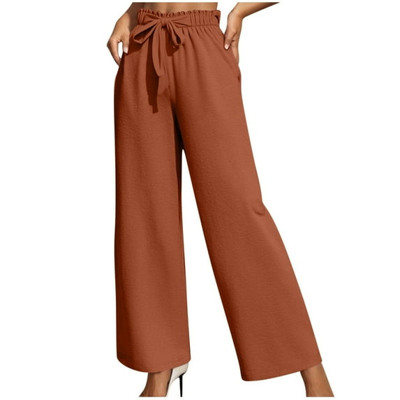 UAMVSH High Waisted Pants for Women Baggy Palazzo Wide Leg Lounge Pants Lightweight Tie Knot Casual Work Business Dress Pants with Pockets(X-Large,Brown)