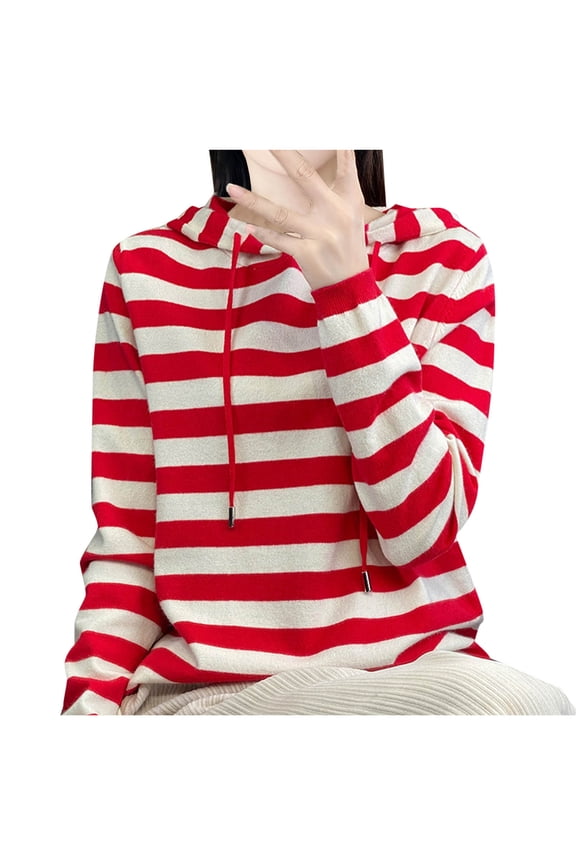 Hooded Sweaters for Women Fall Casual Lightweight Knitted Hoodie Pullover Classic Stripe Printed Long Sleeve Sweaters Tops(Small,Red)