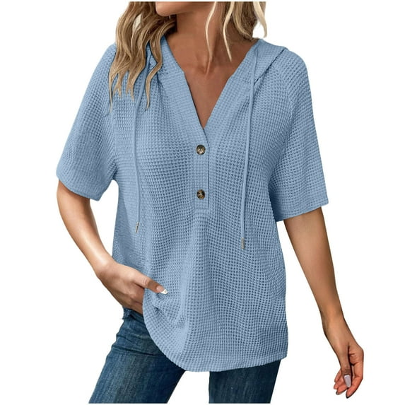 UAMVSH Hooded Sweaters for Women Short Sleeve Button Casual Pullover Tops Solid Color Drawstring Knitted Hoodie Fall Fashion(Large,Sky Blue)