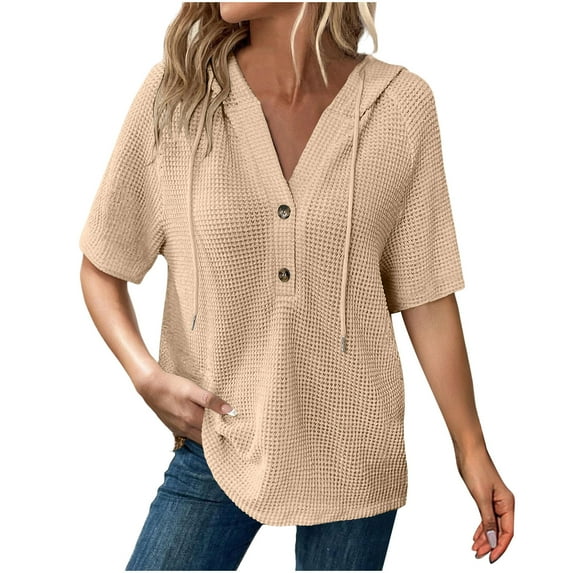 UAMVSH Hooded Sweaters for Women Short Sleeve Button Casual Pullover Tops Solid Color Drawstring Knitted Hoodie Fall Fashion(Small,Khaki 1)