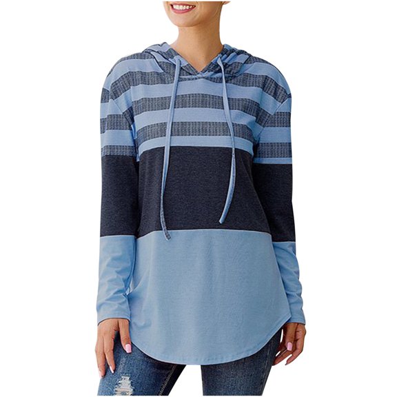 UAMVSH Hooded Sweatshirts for Women Fashionable Printed Tunic Pullover with Curved Hem Casual Long Sleeve Drawstring Hoodie(Small,Light Blue)